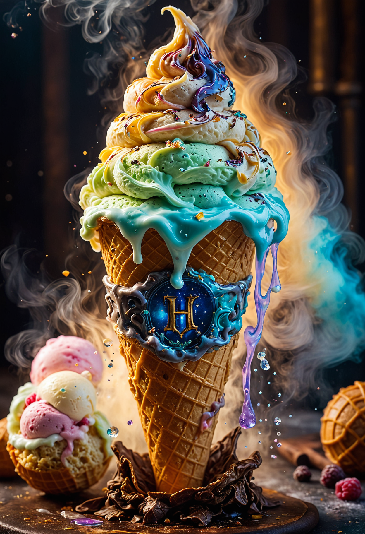 Hogwarts Philosopher's Stone Theme: A beautifully crafted, enchanting ice cream cone capturing all the spirit and essence of Hogwarts, with magical ingredients like mandrake root, vibrant colors and intricate details. It's unsurpassed in beauty and clarity, with steam rising and drops of iridescence cascading down its sides. This image is like a masterpiece photo come to life, showcasing the finest works of culinary art. Each ball and swirl testifies to the skill and creativity of the greatest culinary masters, inviting viewers to enter an enchanting Hogwarts world of sweet delights.
OverallDetailXL  <lora:SDXLFaeTastic2400:0.4>  <lora:DetailMaximizer:0.7> detailmaximizer <lora:MJ52:0.3>