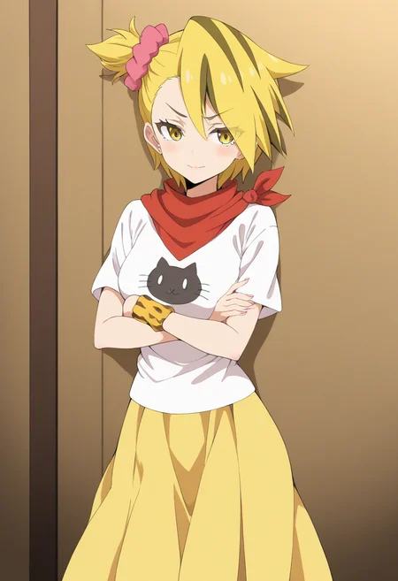 <lora:Noboru_Kodo>,noboru kodo,1boy,solo,crossed arms,animal print,shirt,skirt,hair ornament,pink scrunchie,yellow skirt,flower,white t-shirt,scarf,otoko no ko,single wristband,long skirt,side ponytail,cat print,masterpiece,high score,great score,absurdres,