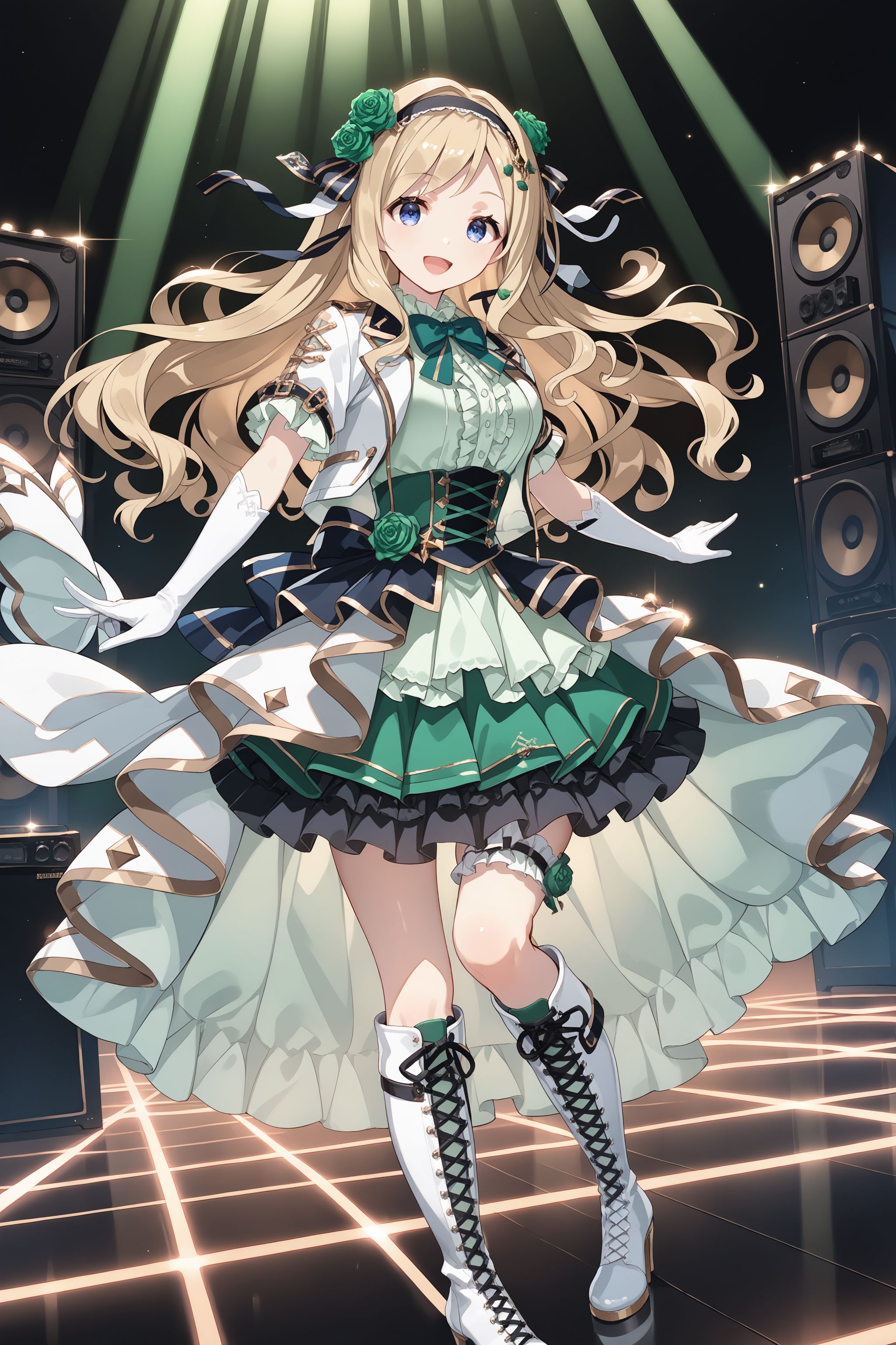 score_max, (score_9, score_8_up, score_7_up:1.2), score_6_up, official art, source_anime,
, masterpiece, absurdres, high detail, 8k,
stage, lightbeam, floor speaker,
standing, smile , open mouth,
kamotti, idol costume, hairband, hair bow, hair flower, green rose, white jacket, short sleeves, open jacket, light green dress, green bowtie, center frills, elbow gloves, white gloves, layered skirt, frilled skirt, green skirt, bridal garter, knee boots, cross-laced footwear, heels, white boots,
<lora:XL_Pony_gomaotsu-chamomile-t1:1.0>