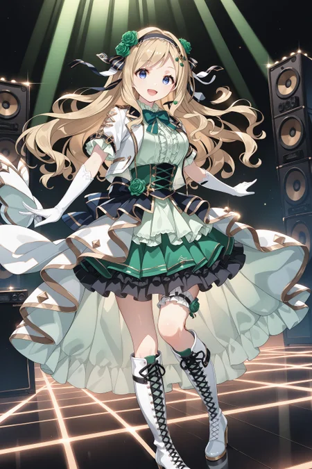 score_max, (score_9, score_8_up, score_7_up:1.2), score_6_up, official art, source_anime,
, masterpiece, absurdres, high detail, 8k,
stage, lightbeam, floor speaker,
standing, smile , open mouth,
kamotti, idol costume, hairband, hair bow, hair flower, green rose, white jacket, short sleeves, open jacket, light green dress, green bowtie, center frills, elbow gloves, white gloves, layered skirt, frilled skirt, green skirt, bridal garter, knee boots, cross-laced footwear, heels, white boots,
<lora:XL_Pony_gomaotsu-chamomile-t1:1.0>