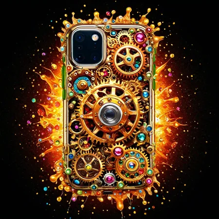 sfw, dynamic splashes, bright colors, high contrast, A phone made of roast gears with colourful bejeweled, hyperdetailed, photorealistic, product photo style <lora:challenge\gearstyle-000001.safetensors:0.8500000000000002:0.8500000000000002>