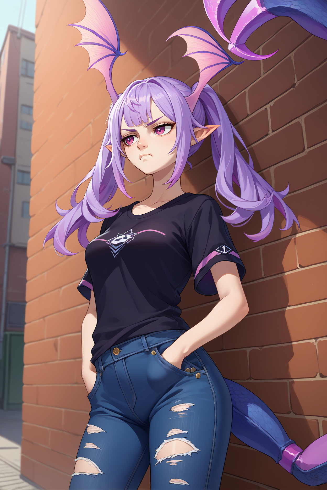 score_9, score_8_up, score_7_up, score_6_up, source_anime, 1girl, solo,  <lora:manticore-pdxl-nvwls-v1-000004:1> defMC, lavender hair, twintails, long hair, purple eyes, pointy ears, head wings, black t-shirt, jeans, torn pants, hand in pocket, medium breasts, pout, alleyway, tail