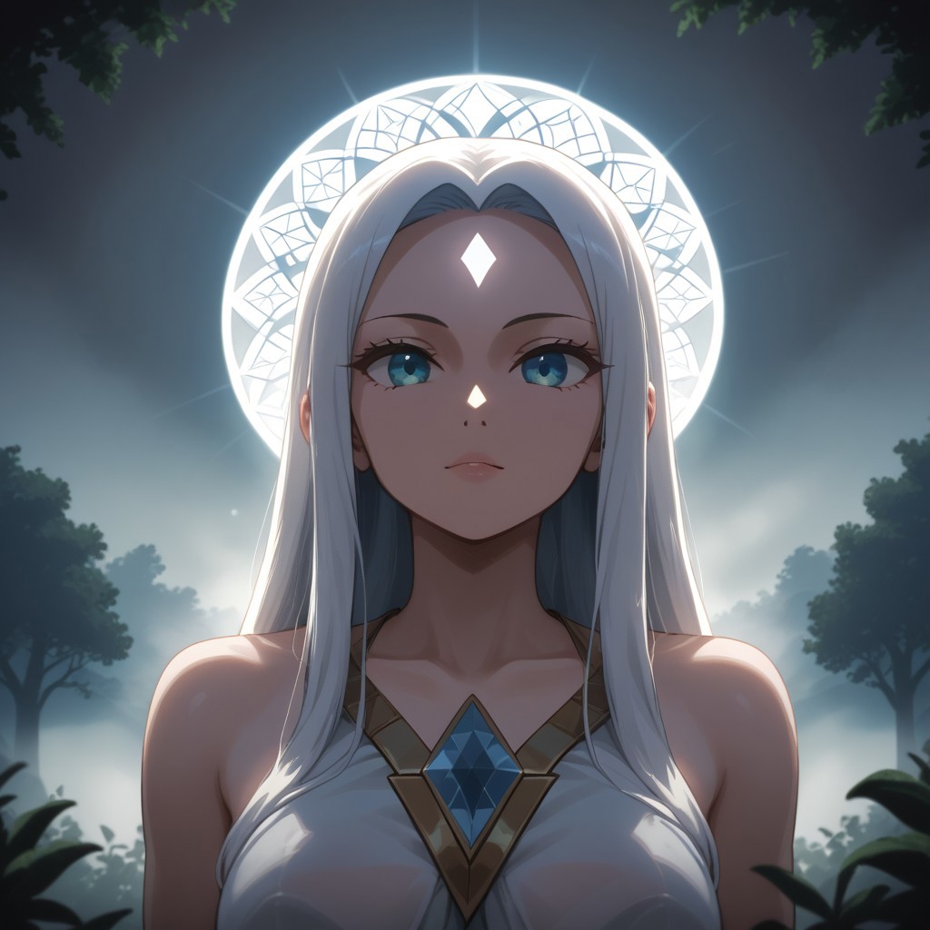 ((heavenly), holy, divine), fog, natural lighting, tree, 1girl, xeldorite, diamond forehead marking