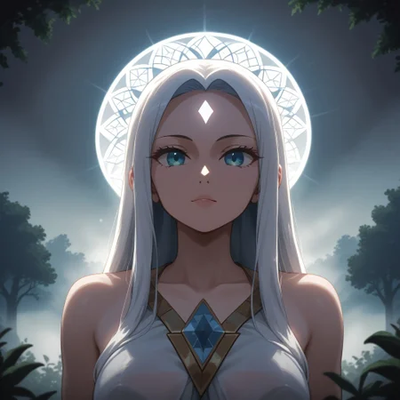 ((heavenly), holy, divine), fog, natural lighting, tree, 1girl, xeldorite, diamond forehead marking
