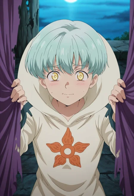 masterpiece, best quality, intricate details, anime screencap, anime coloring, official style, looking at viewer, 1boy, solo, male focus, <lora:sariel_nnt_ilxl:0.98>, sariel_nnt, aqua hair, yellow eyes, short hair, , haunted theater, dusty stage, torn curtains, old props, exploring pose, nervous expression, moonlight,