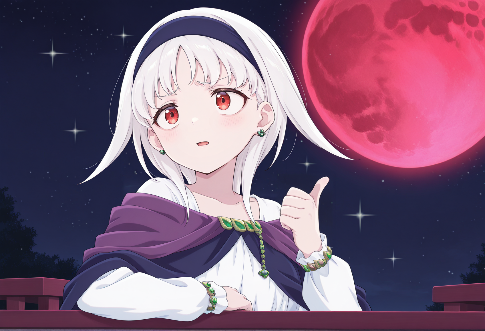 anime screenshot, anime screencap, anime coloring,  look_at_my_tsukasa, parody, sparkles, upper body, thumbs up, table, 1girl, solo, medium hair, white hair, night, red moon, red eyes, hairband, jewelry, white blouse, cape <lora:Look_at_my_Tsukasa_medalist_meme:1> <lora:Sierra_Illus:1>, masterpiece, best quality, amazing quality, very aesthetic, absurdres, highres, newest
