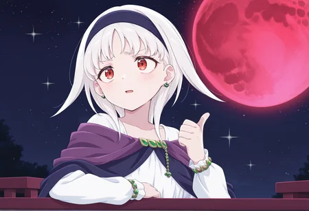 anime screenshot, anime screencap, anime coloring, look_at_my_tsukasa, parody, sparkles, upper body, thumbs up, table, 1girl, solo, medium hair, white hair, night, red moon, red eyes, hairband, jewelry, white blouse, cape <lora:Look_at_my_Tsukasa_medalist_meme:1> <lora:Sierra_Illus:1>, masterpiece, best quality, amazing quality, very aesthetic, absurdres, highres, newest