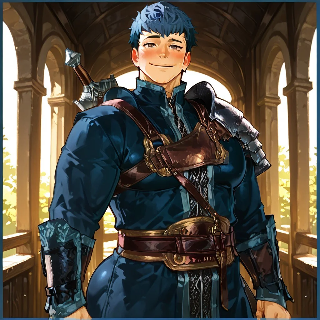 masterpiece, best quality, absurdres, newest, perfect quality, best quality, intricate details, detailed face, ((((detailed eyes)))), bara, muscular male, (((masculine face))), male focus, 1man, solo, python, two-tone hair, blue hair, dark blue hair, grey eyes, bara, big moobs, big ass, breasts, big pecs, shiny blue borders around character, blush, huge biceps, parted lips, happy, seductive, seductive gaze, ((pleased look on face)), ((((day)))), ((warm lighting)), medieval scenery, medieval bedroom, weapons in background, good lighting, volumetric lighting, looking at viewer, standing