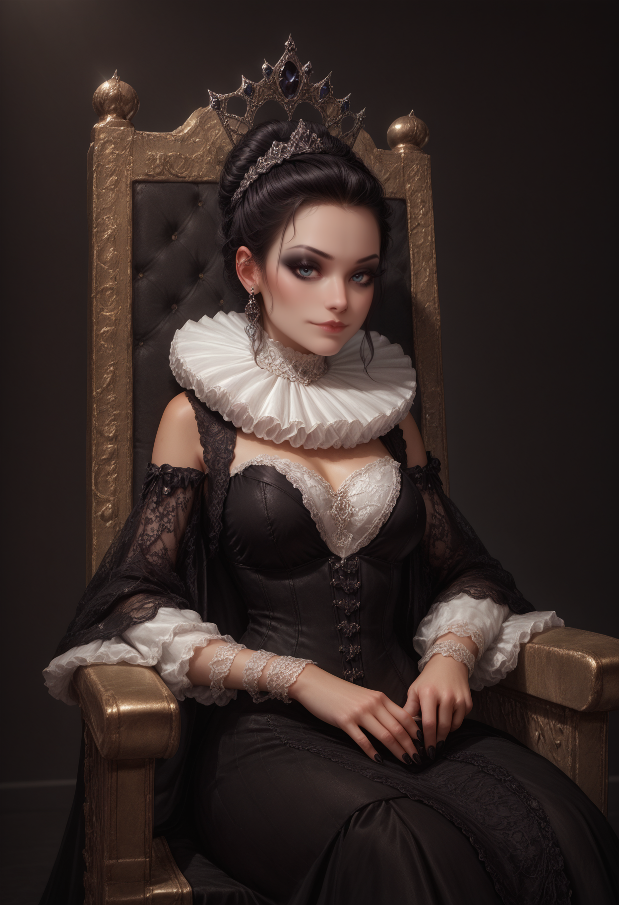 score_9_up, score_8_up, score_7_up, detailed, ruff collar, Queen sitting on throne, gown, gothic, <lora:PonyRuff:0.7>