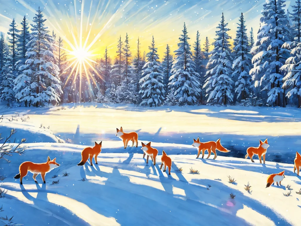 (8k, best quality, masterpiece:1),(best quality:1.0), (ultra highres:1.0), the sun reflects off a snowy field, with foxes, smooth lines, luminous bright design, pastel colors, (ink), extremely detailed, 4k, beautiful