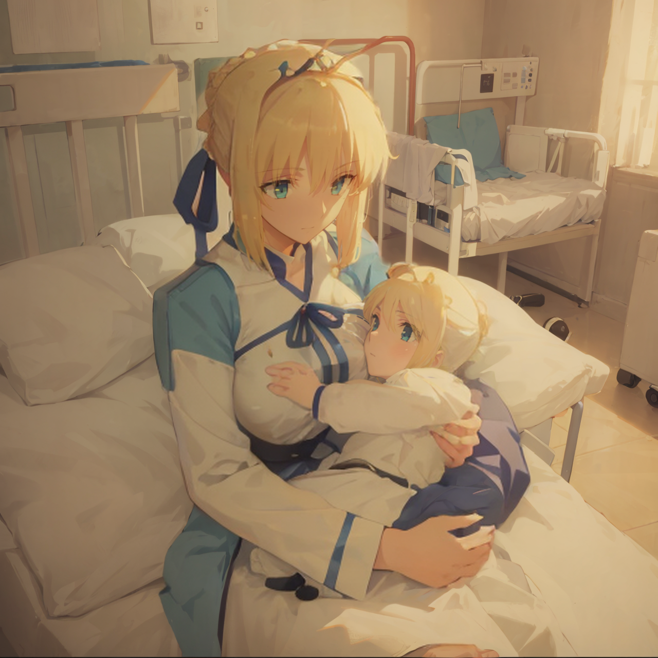 1girl, mother and baby, holding baby, hospital bed, hospital gown:0.9, artoria pendragon \(fate\), blonde hair, <lora:BreastfeedingMother:0.8> <lora:saber_v1:0.7>, <lora:hand 4:0.7>