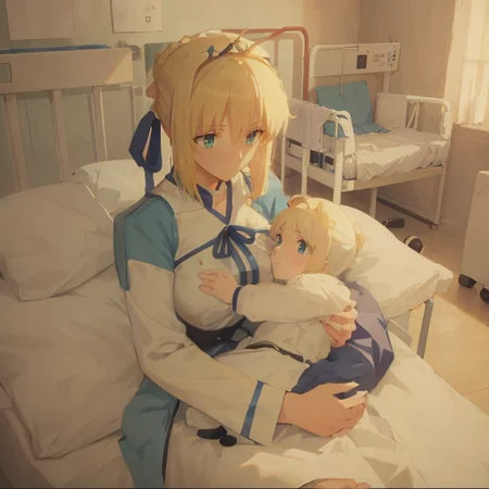 1girl, mother and baby, holding baby, hospital bed, hospital gown:0.9, artoria pendragon \(fate\), blonde hair, <lora:BreastfeedingMother:0.8> <lora:saber_v1:0.7>, <lora:hand 4:0.7>