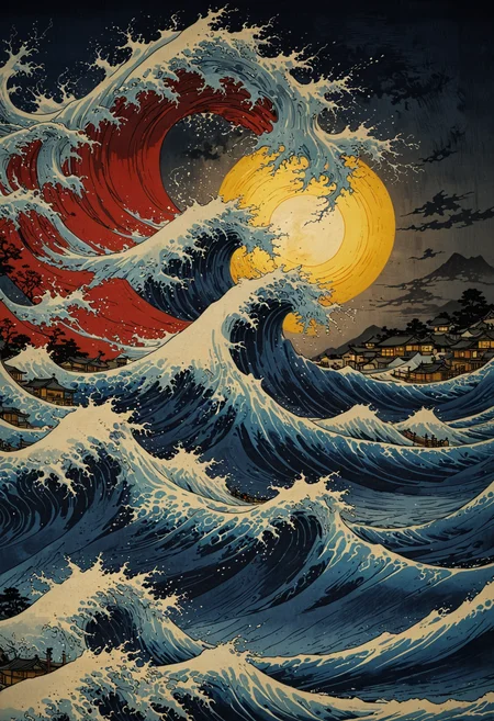 Katsushika Hokusai's Japanese depiction of a very turbulent sea with massive waves. The background s shows a beautiful dark night over a illuminated village. The colors are red and yellow <lora:EpicF4nta5yXL:0.8>
