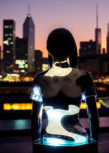 A portrait of glasssculpture, woman with a cityscape in the background, at nighttime, in a futuristic sci-fi style. By Simon Stlenhag, Syd Mead, Daniel Dociu, or Kekai Kotaki.