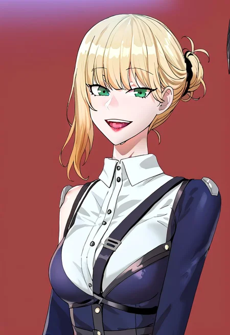 (score_9, score_8_up, score_7_up), (1girl), ((masterpiece)), ((best quality)), ultra detailed, vivid color, ((Dayeong)), (light blonde color hair:0.8), (dark blonde color hair:0.2), Shoulder length hair, 4ng3l face, dark green eyes, dressed, indoor, Lecture room, afternoon, natural light, solo_focus, wear white shirt, smile., look at viewer, laugh eyes, laugh mouth, shudder shoulder