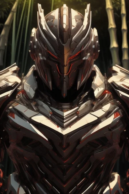((masterpiece)), ((best quality)), 8k, ultra-detailed, futuristic android robot, metallic mask,  half-body photo, sleek military tech project inspired by Japanese design, (samurai influences) in the armor, (red and white color scheme), with black accents, intricate kanji symbols engraved on the chest plate, glowing red eyes, dynamic warrior-like pose, (simple background: futuristic Tokyo or bamboo forest), cinematic lighting, subtle mist and smoke, capturing both ancient warrior spirit and futuristic technology, sharp focus, detailed background,real robot,epic mecha, chrometech