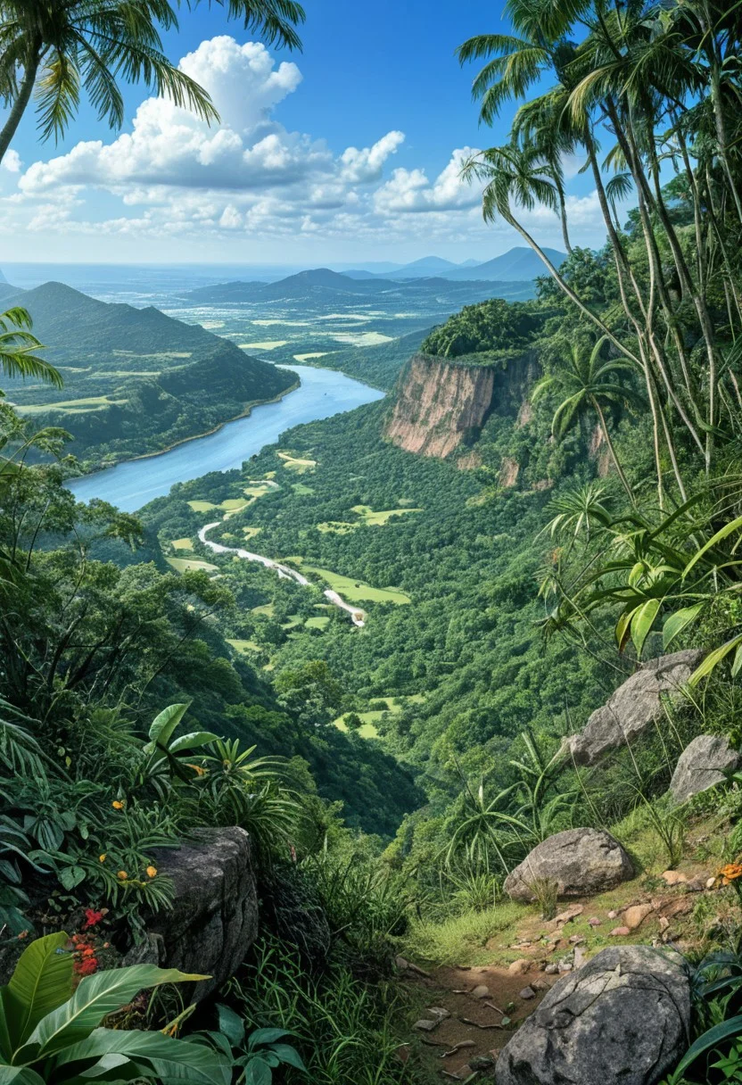 a vibrant colorful photo of a tropic landscape, big river, river, Brazilian landscape, tropic
outdoors, tropic landscape, hot, wet, jungle, Location , Scenery , Cloud