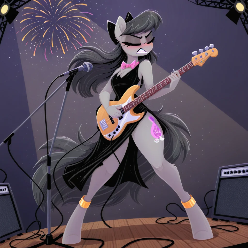 (amazing quality, detailed, absurd res, (masterpiece:1.2), (best quality:1.2), (high quality:1.2), hi res, (very aesthetic:1.2), (very awa:1.2)),<lora:Lineless_Impact_Style_ILXL:1>, fl4t_style
1girl, female, solo, octavia_\(mlp\), pony, (anthro:1.3), unguligrade, bass guitar, eyes closed, clenched teeth, microphone, microphone stand, black dress, anklet, spotlight, stage, fireworks, stage lights, wind