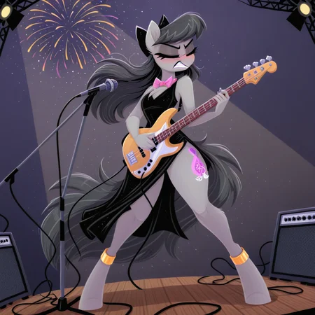 (amazing quality, detailed, absurd res, (masterpiece:1.2), (best quality:1.2), (high quality:1.2), hi res, (very aesthetic:1.2), (very awa:1.2)),<lora:Lineless_Impact_Style_ILXL:1>, fl4t_style
1girl, female, solo, octavia_\(mlp\), pony, (anthro:1.3), unguligrade, bass guitar, eyes closed, clenched teeth, microphone, microphone stand, black dress, anklet, spotlight, stage, fireworks, stage lights, wind
