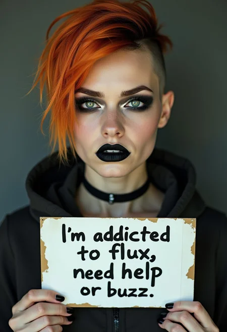 Mugshot, woman in her 20th, smokey eyes makeup with black lipstick, green eyes, she is holding a sign which says: "I'm addicted to flux, need help or buzz.", short orange hair shaved on one side with dark roots, erotic, perfect face, perfect anatomy, cute, beautiful, perfect beauty, amazing beauty, pure genius, absolutely perfect, gentle, highly detailed, breathtaking