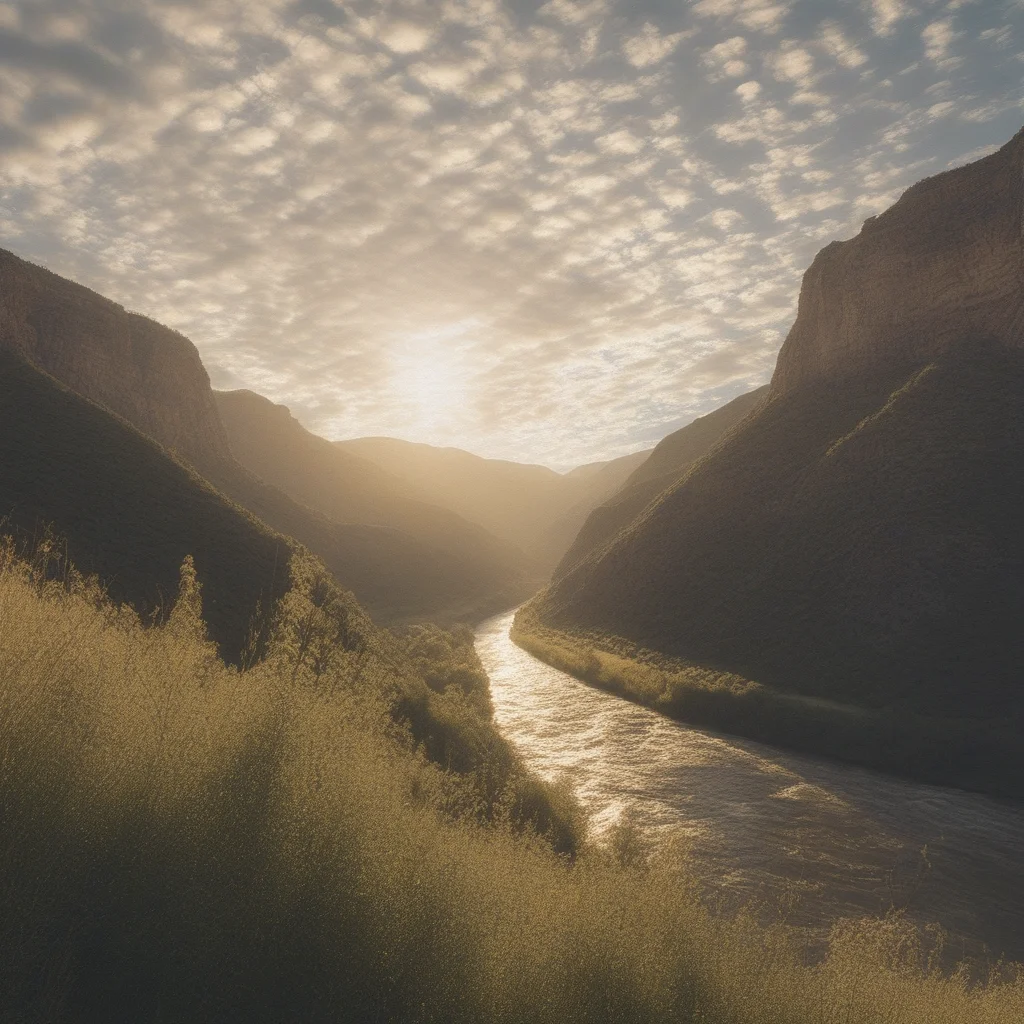 raw, photo, realistic, Movie Still, Film Still, Cinematic, Cinematic Shot, Cinematic Lighting, golden hour, noon, best quality, masterpiece, mountain valley, cliffs, river, wild flora, Cirrocumulus clouds,