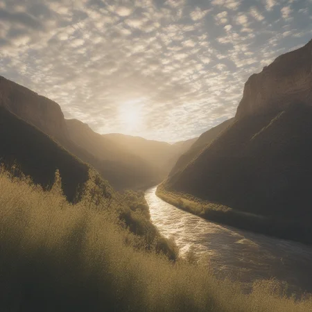 raw, photo, realistic, Movie Still, Film Still, Cinematic, Cinematic Shot, Cinematic Lighting, golden hour, noon, best quality, masterpiece, mountain valley, cliffs, river, wild flora, Cirrocumulus clouds,