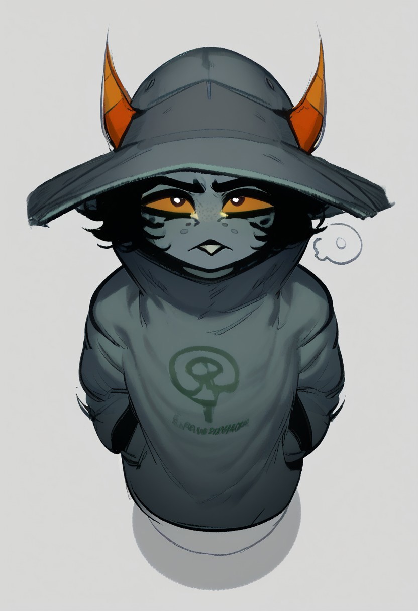 score_9, score_8_up, score_7_up, score_6_up, score_5_up, score_4_up, best quality, solo, 1girl, white background, hair, shortstack, ((colored skin, grey skin)), orange horns, short hair, black hair, grey trenchcoat, (grey jacket), pointy buck tooth, excessive wide brim hat, grey hat, thinking, pondering, hands on pockets, looking up at viewer, black sclera, black pupils, freckles, short girl, high angle view