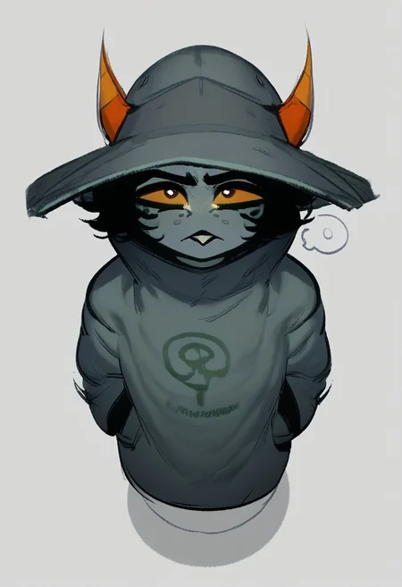 score_9, score_8_up, score_7_up, score_6_up, score_5_up, score_4_up, best quality, solo, 1girl, white background, hair, shortstack, ((colored skin, grey skin)), orange horns, short hair, black hair, grey trenchcoat, (grey jacket), pointy buck tooth, excessive wide brim hat, grey hat, thinking, pondering, hands on pockets, looking up at viewer, black sclera, black pupils, freckles, short girl, high angle view