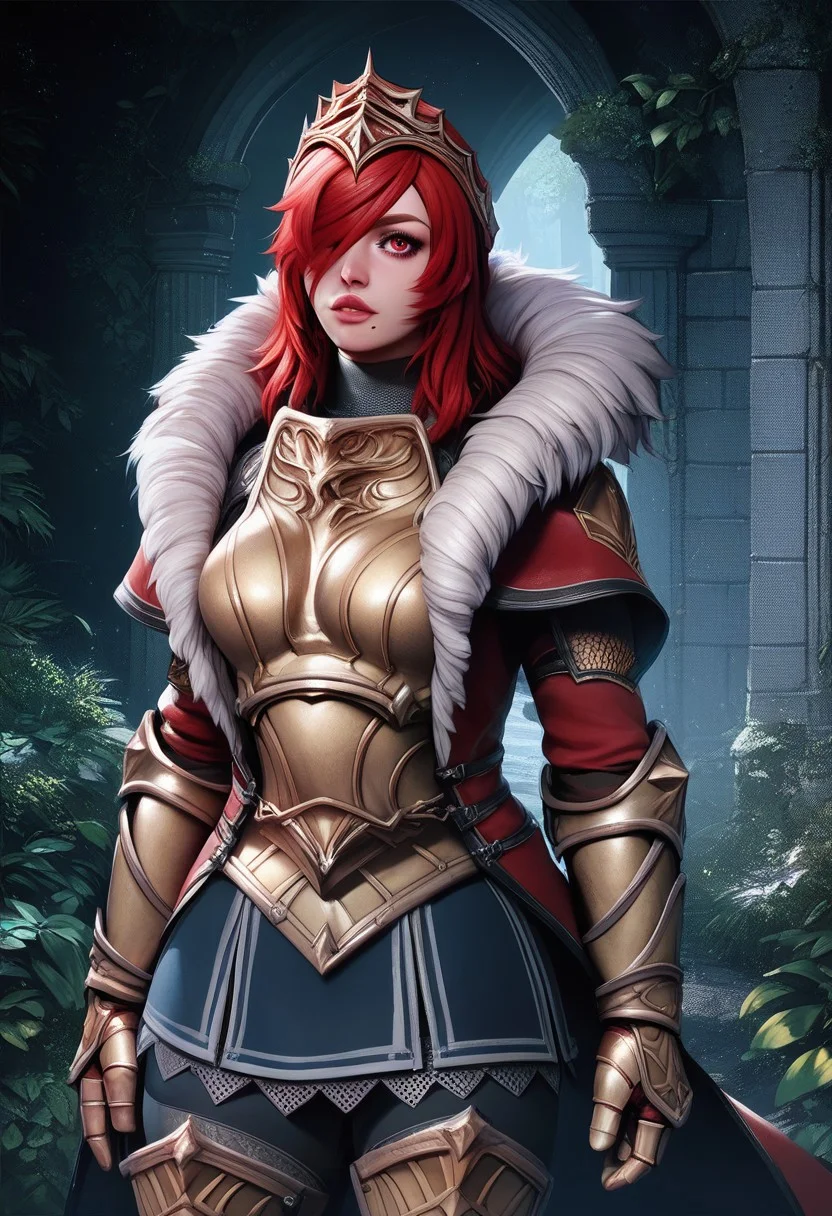 score_9, score_8_up, score_7_up, score_6_up, score_5_up, score_4_up,cartoon,wide hips,hildexl,red hair,lips,hair over one eye,red eyes,mole under mouth, armor,gauntlets,fur trim,breastplate,thighhighs,red coat,head crown,1, standing , cowboy shot, solo, looking at viewer, solo,4, outdoors