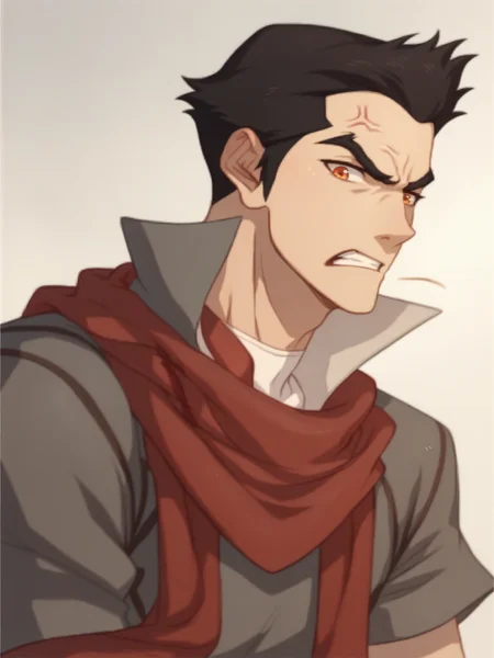 score_9, score_8_up, score_7_up, score_6_up, Mak0 man, black hair, orange eyes, red scarf, angry, arena background <lora:Mak0-000002:1>