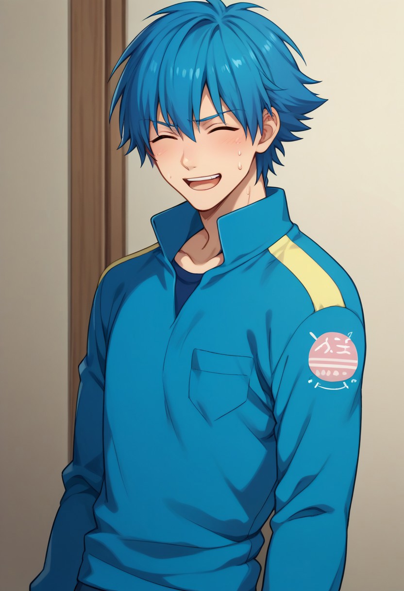score_9, score_8_up, score_7_up, source_anime, highly detailed, 
aoba, 1boy, male focus, solo, closed eyes, blue hair, short hair, shirt, blue shirt, long sleeves, smile, open mouth, embarassed, parody, sweat drop,
indoor,