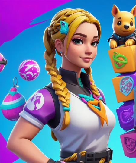 Fortnite Art Style , a gorgeous woman, braided pigtails , 3D cartoon, colorful, Fortnite Art Style