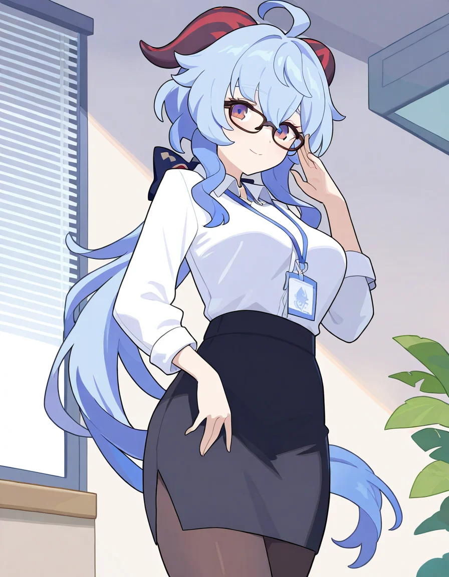 1girl, ganyu \(genshin impact\), 
worldflipper, solo, looking at viewer, cowboy shot, horns, id card, shirt, skirt, black skirt, high-waist skirt, goat horns, indoors, contemporary, window blinds, medium breasts, blue hair, miniskirt, lanyard, breasts, low ponytail, long hair, long sleeves, smile, ahoge, dress shirt, white shirt, glasses, standing, office lady, bespectacled, alternate costume, pantyhose, black pantyhose, purple eyes, pencil skirt, shirt tucked in,
masterpiece, best quality, very aesthetic, newest, absurdres, incredibly absurdres
 <lora:worldflipper-000016:1.1>