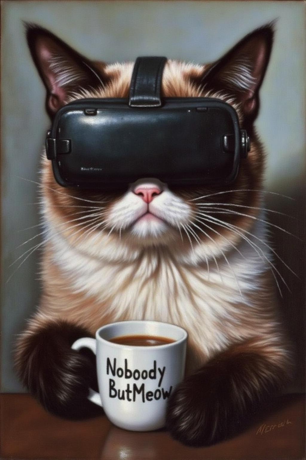 chenyifei2 painting. 
Grumpy Cat holding a coffee mug, wearing a VR Headset. The mug has the phrase "NobodyButMeow" printed  <lora:chenyifei2_cap_d6a3:1.0><lora:839842582562597547:0>
