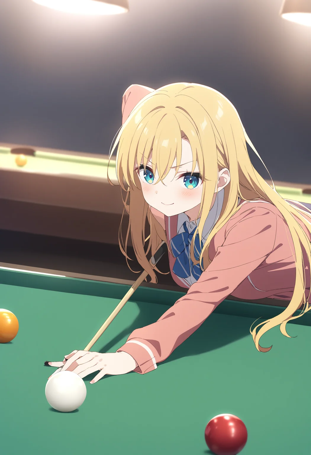 1girl,sincos, ningen mame, toosaka asagi,solo,medium breasts,school uniform,
billiards,cue stick, billiard ball, pool table, indoors,<lora:billiards_XL_v1:0.8>
from side, upper body, looking at viewer, blonde hair, aqua eyes,seductive smile,closed mouth, single hair,,
best quality, very aesthetic, absurdres