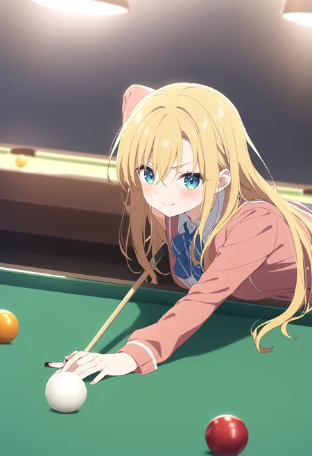 1girl,sincos, ningen mame, toosaka asagi,solo,medium breasts,school uniform,
billiards,cue stick, billiard ball, pool table, indoors,<lora:billiards_XL_v1:0.8>
from side, upper body, looking at viewer, blonde hair, aqua eyes,seductive smile,closed mouth, single hair,,
best quality, very aesthetic, absurdres