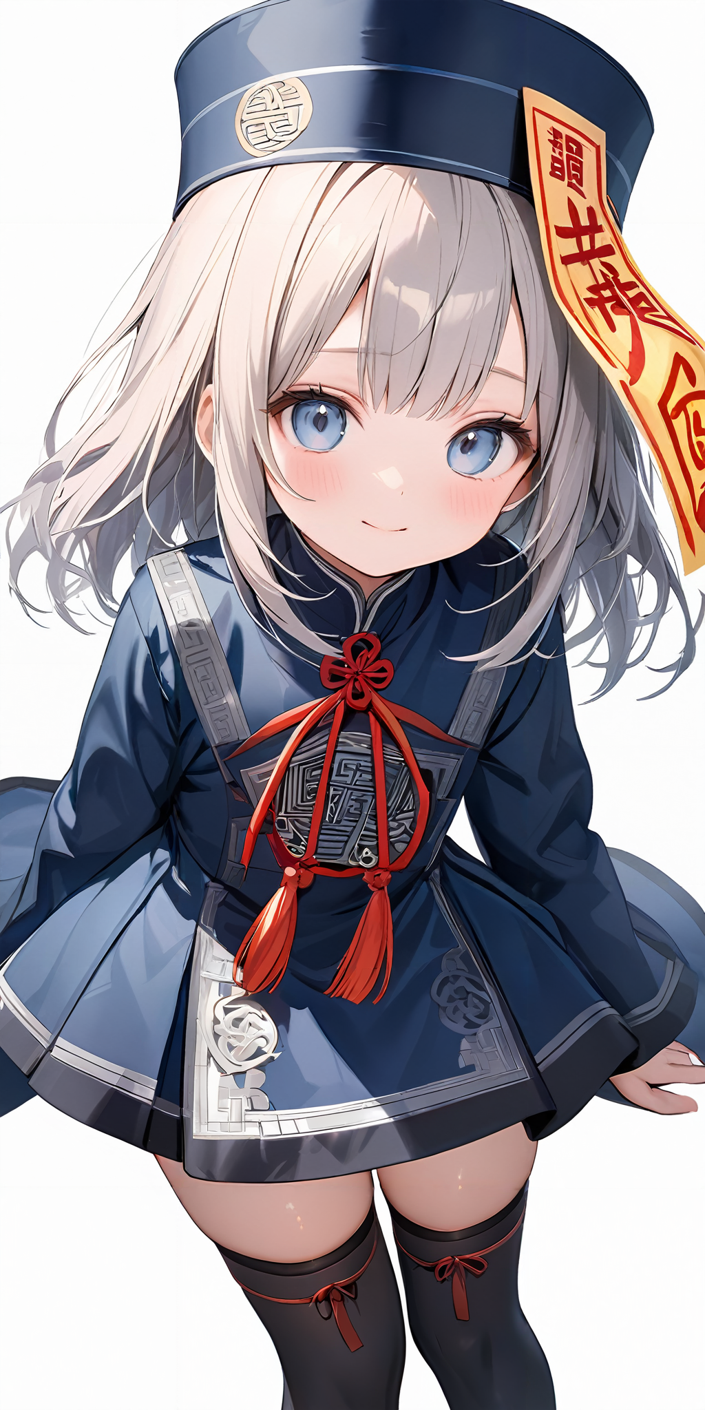 masterpiece,ultra-detailed,best quality,8K,illustration,cute face,clean skin ,shiny hair,girl,cowboy shot,simple background,
 <lora:add-detail-xl:1> <lora:jiangshi dress_XL_V1.0:1> jyojifuku, ofuda, blue dress, ribbon,hat,thighhighs,shoes