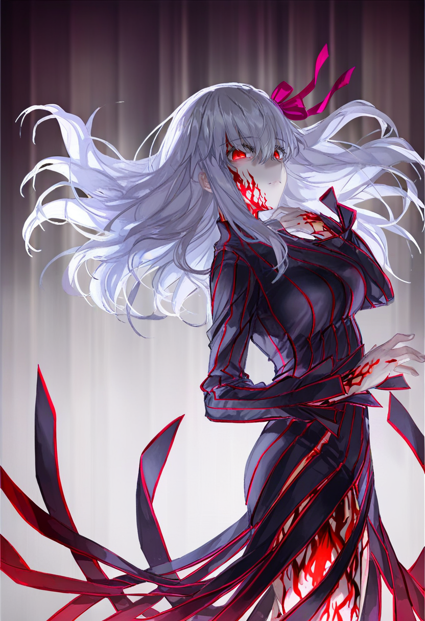 matou sakura, 1girl, red eyes, long hair, dress, ribbon, solo, white hair, hair ribbon, body markings, corruption, dark persona, breasts, black dress, long sleeves, bangs, from side, looking at viewer, striped, floating hair, large breasts, closed mouth <lora:quasarcakeXL_NBVP1_lokr_V6311P:0.95>