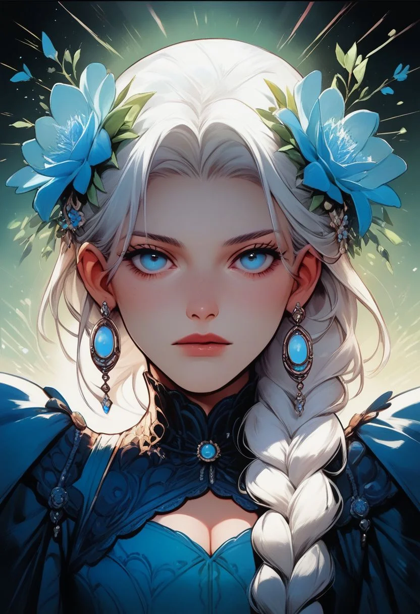 Larocca Art Style, 1girl, solo, blue eyes, braid, long hair, hair ornament, eyelashes, hair flower, flower, earrings, jewelry, white hair, single braid, lips, hair over shoulder, blue dress, cleavage cutout, victorian theme, long sleeves, beautiful, sexy, looking at viewer, looking at viewer, upper body, vibrant colors, PonyXLV6_Scores , PnyCmicXLPOS,