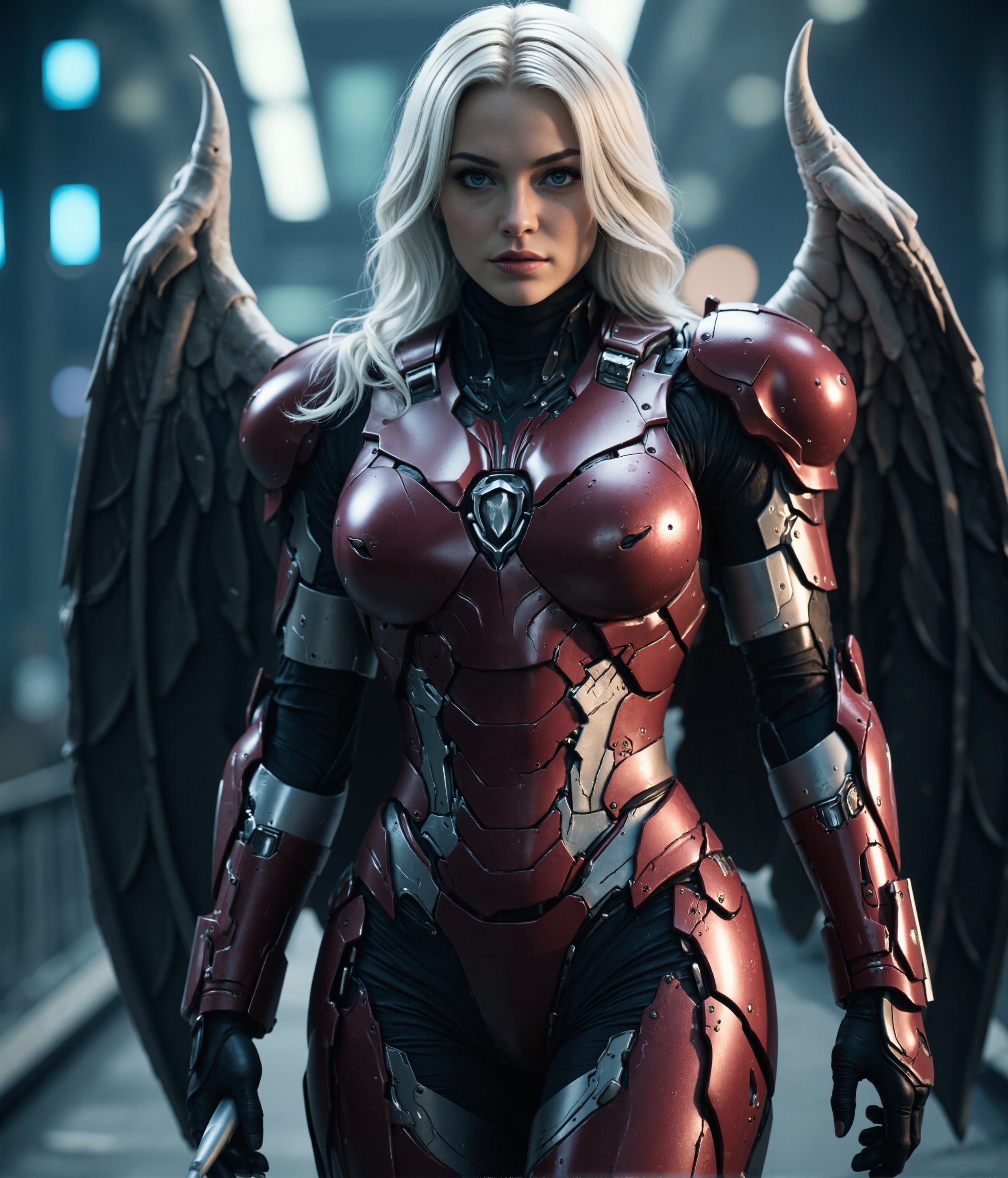 cinematic photo 1girl, armor, weapon, wings, solo, shoulder armor, blue eyes, pauldrons, white hair, looking at viewer, power armor, cinematic, colorful background, concept art, 8k, dramatic lighting, high detail, highly detailed, hyper realistic, intricate, intricate sharp details, octane render, smooth, studio lighting, trending on artstation., cinematic photorealistic, 8k uhd natural lighting, raw, rich, intricate details, key visual, atmospheric lighting, 35mm photograph, film, bokeh, professional, 4k, highly detailed . 35mm photograph, film, bokeh, professional, 4k, highly detailed