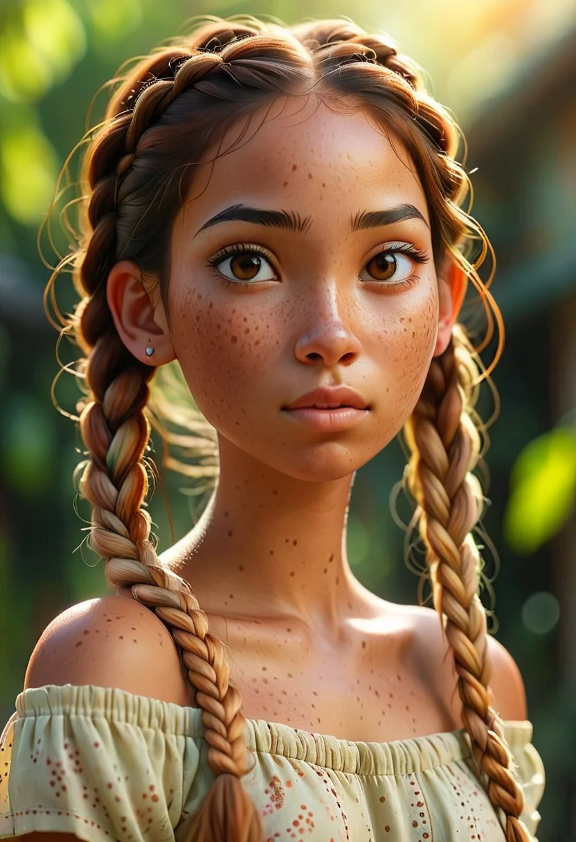 1girl,mysterious girl with freckles,an exotic Polinesian girl in off-shoulder shirt, Hairs in two braids, fading backlit background,pastel colors,surreal,  detailed, bokeh, perfect balanced, deep fine borders,artistic photorealism, smooth, whole body view