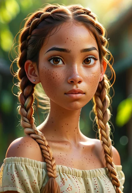 1girl,mysterious girl with freckles,an exotic Polinesian girl in off-shoulder shirt, Hairs in two braids, fading backlit background,pastel colors,surreal,  detailed, bokeh, perfect balanced, deep fine borders,artistic photorealism, smooth, whole body view
