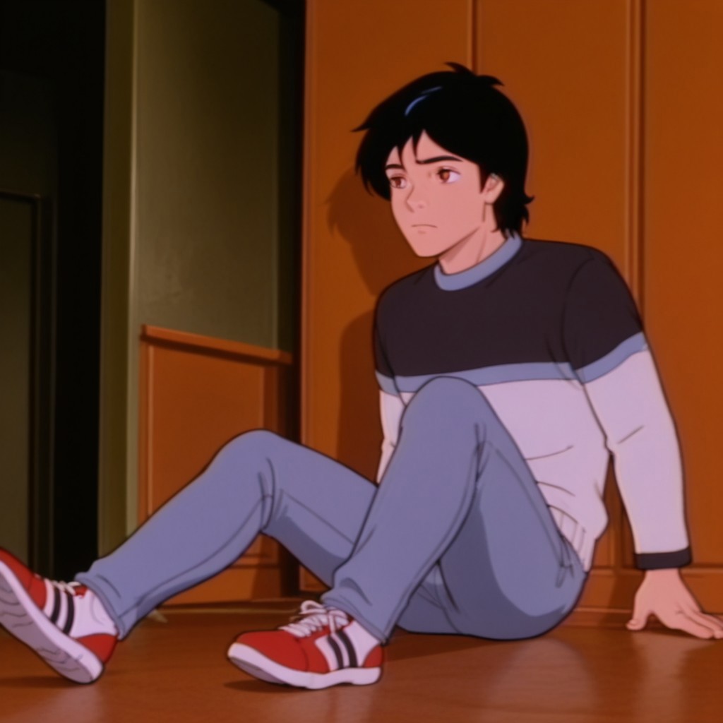 masterpiece, best quality, amazing quality, DavidDsil, human, male, black hair, blue highlight, brown eyes, , striped shirt, long sleeves, blue jeans, red and white shoes, sitting, inside, 1boy, solo,