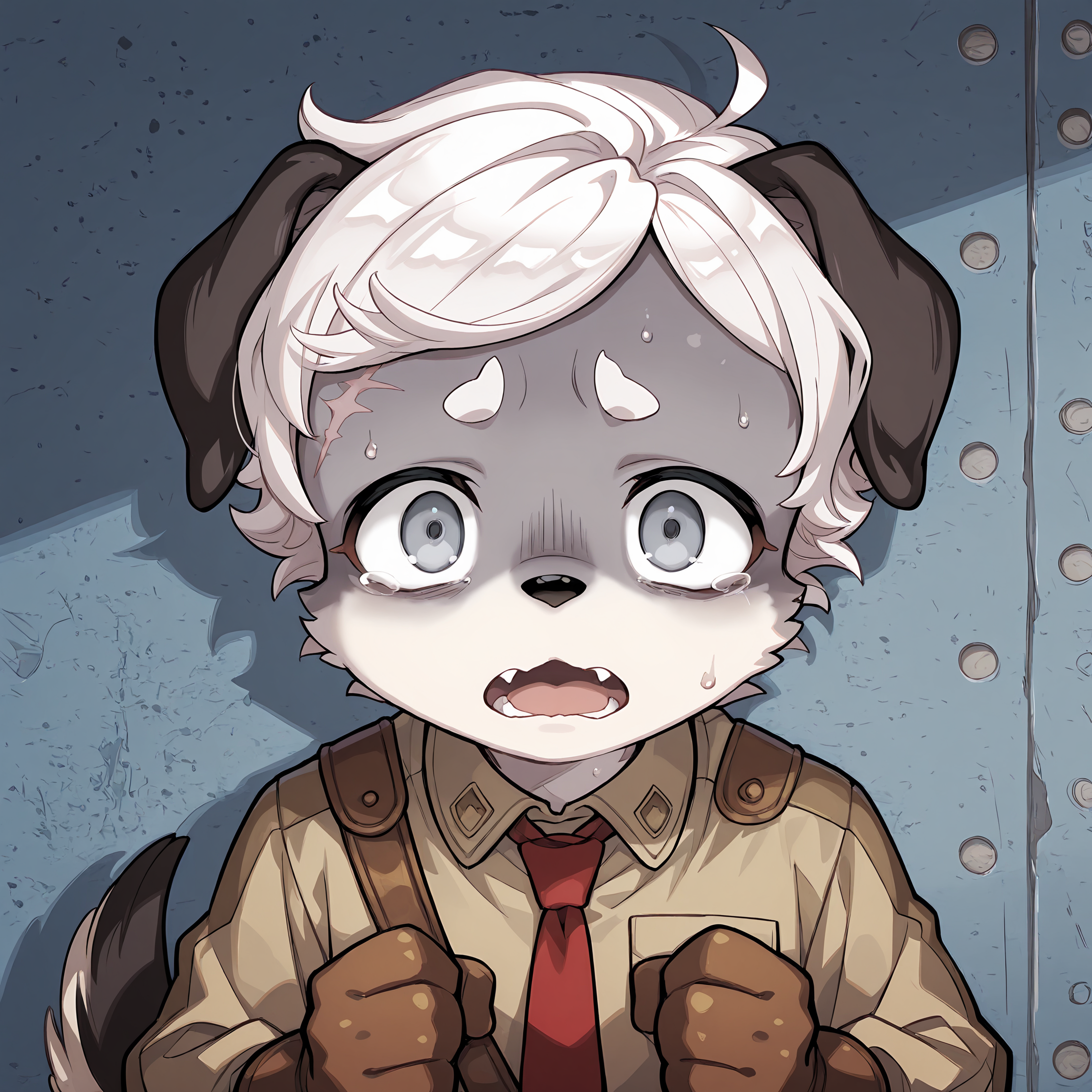 BREAK, <lora:Britz_Strudel:1>, britz strudel, fuga: melodies of steel, kemono, furry male, young male, 1boy, dog boy, grey fur, beige fur, multicolored fur, grey eyes, short hair, white hair, scar above right eye, animal ears, dog ears, floppy ears, dog tail, brown tail,
BREAK, Fuga 1 Outfit, Berman Uniform, beige button-up uniform shirt, red necktie, brown gloves, brown sling,
BREAK, solo, face focus, scared, fear, looking at viewer, open mouth, fangs