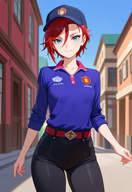 masterpiece, best quality, amazing quality, very aesthetic, absurdres, newest, illustration, perfect composition, intricate details, highres, uncensored, general, 1girl, solo, (cowboy shot:1.2), prax conrad, mature female, blue eyes, red hair, short hair, asymmetrical bangs, hair between eyes, small breasts, (delivery worker), baseball cap, blue polo shirt, belt, black pant, looking at viewer, smile, outdoors, shiny body, shiny skin, skindentation, clear skin, shiny hair, ultra detailed eyes, depth of field, sharp, intricate details, hyperdetailed, ultra-detailed, detailed clothing folds, high contrast, dynamic light <lora:Prax Conrad_Back Arrow_ill:0.8>