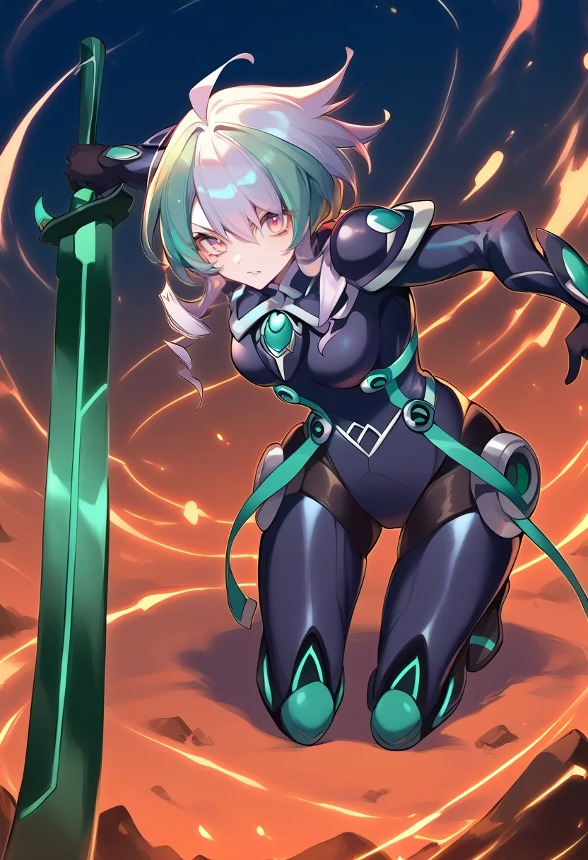(score_9:0.9),score_8_up,score_7_up,anime style,rating_safe,(zPDXL),<lora:sky striker ace - camellia ponyXL v2:0.82>,sky striker ace - camellia,1girl,black battle costume,weapon,holding weapon,green katana,holding green katana,fighting stance,!,kneeling,