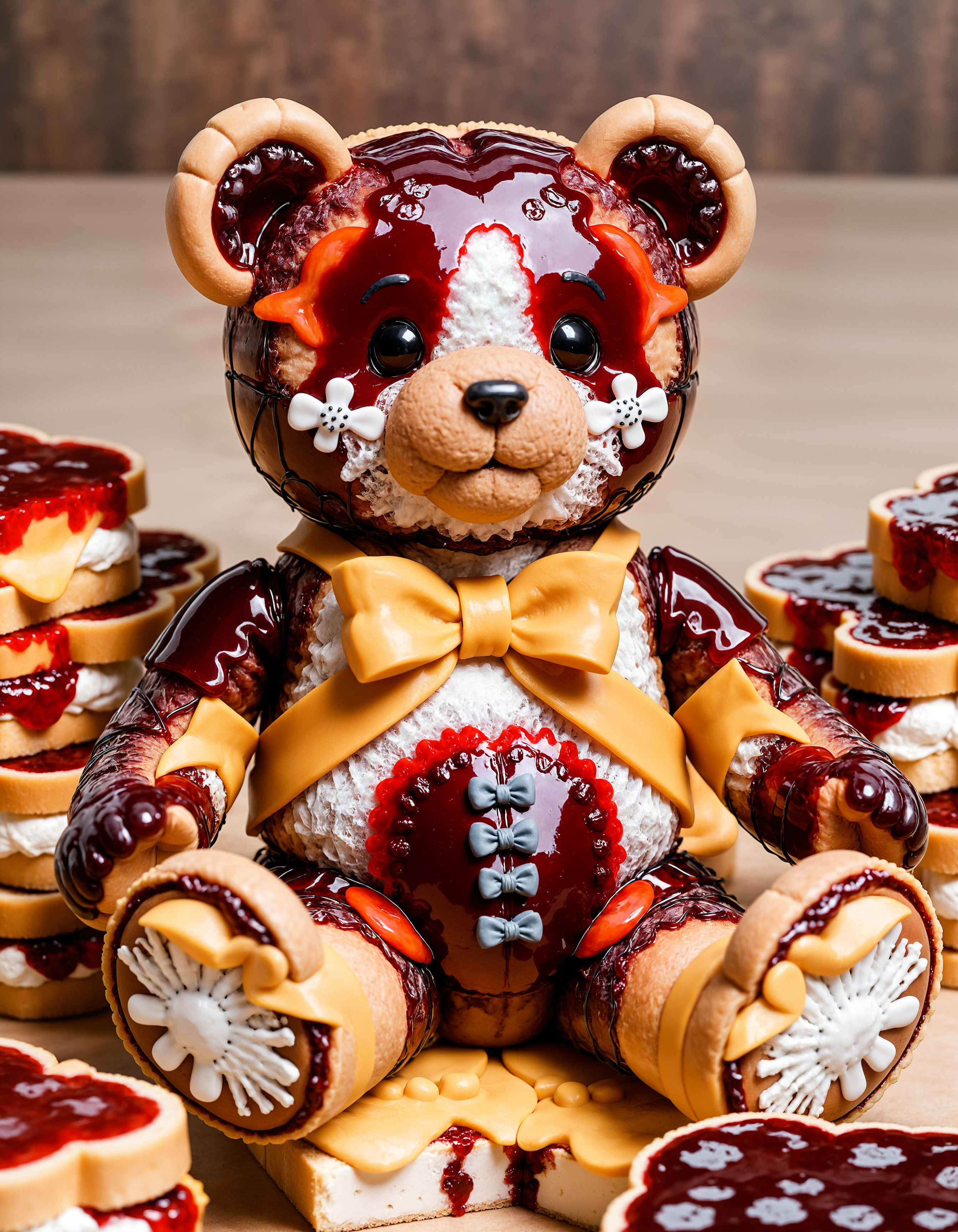 teddy bear made of pbj, cinematic still frame, highly detailed