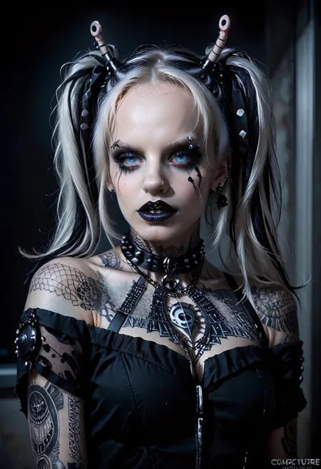 score_9, score_8_up, score_7_up, BREAK
Aesthetic: ((goth, dark, macabre, subculture, fashion, music):1.4) BREAK,
lighting: Chiaroscuro Lighting Style, detailed, clean, urban scenery, ink BREAK
Quality: intricate, highly detailed, sharp focus, realistic, 8k BREAK
Appearance: (22 years old), andorian girl, blue eyes, detailed eyes, big eyes, perfect eyes, twintails, white hair, violet highlights, BREAK
(good quality:0.996), BREAK