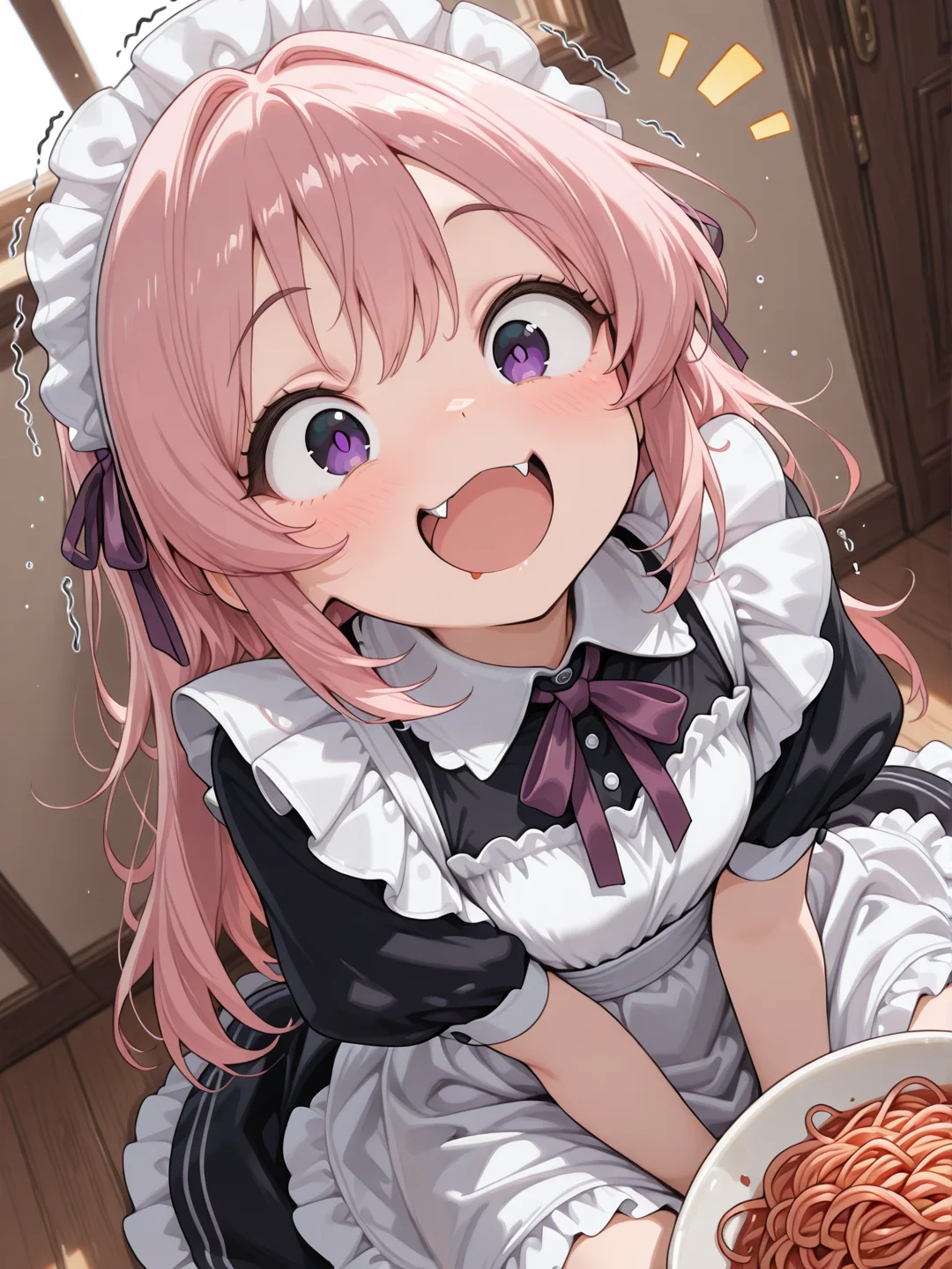 <lora:CivChan:1>, 1girl, civchan, solo, eating spaghetti, Kawaii, wholesome, cute, adorable, blush, sitting, smiling, fangs, uwu, above view, awe struck, excited, happy, ecstatic, giggling, giddy, shaking fists, indoors, purple ribbon, puffy sleeves, Dynamic angle, best quality