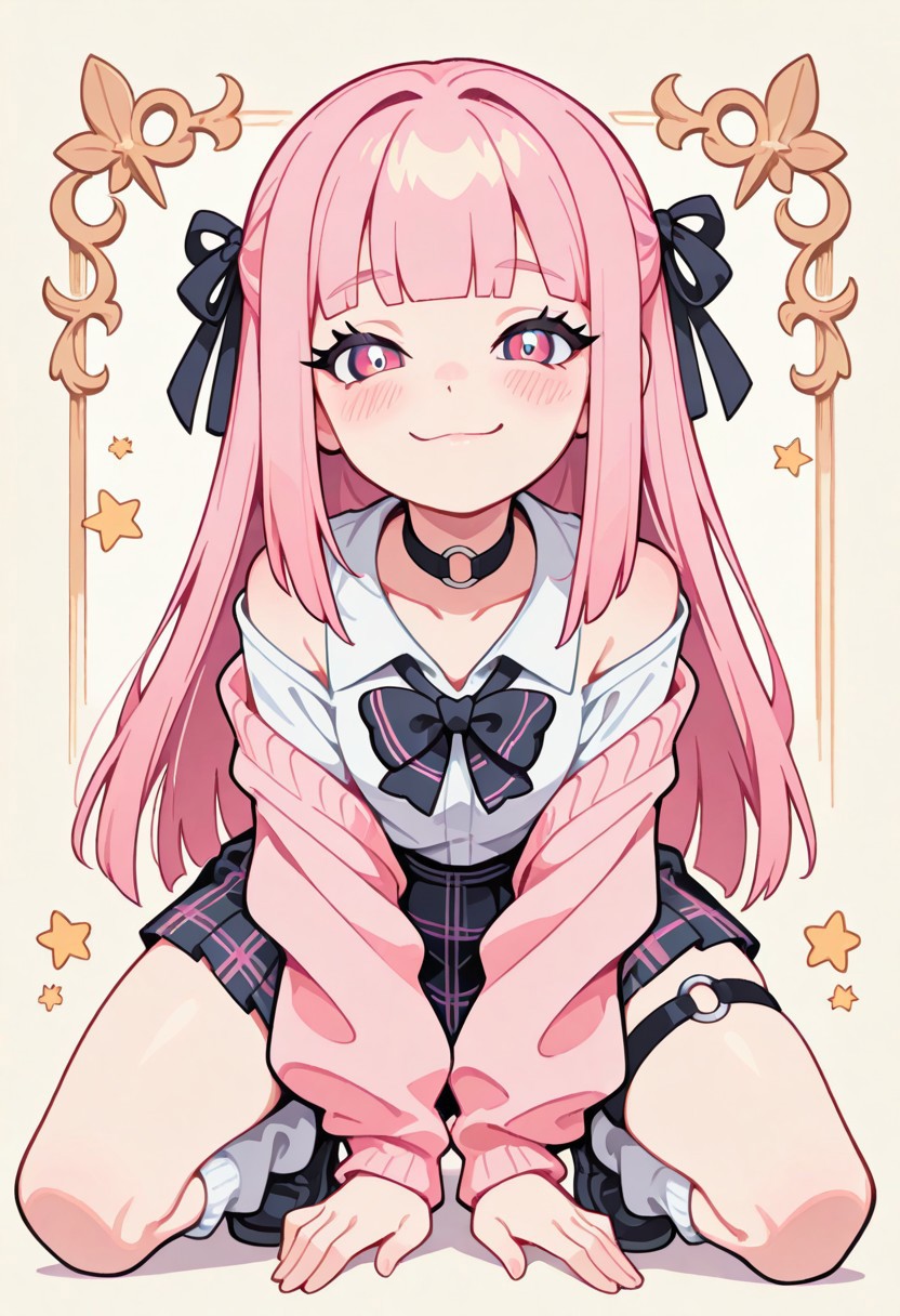 1 girl , solo , blushing , closed mouth , bratty smile , eyelashes , cute , long straight hair , blunt bangs , winking , star , ribbon , hair ribbon , 
slim , slender , 
thigh strap, choker, o-ring choker, pink cardigan, bowtie, white shirt, shirt open, tucked in, plaid skirt, pleated skirt, bare shoulder, white socks, loose socks, black footwear, 
full body view, kneeling, spread legs, leaning forward, 
masterpiece, best quality ,amazing quality ,S4bit4mago_illu , Protoneon  ,s0wasow4rt_illu, t1m3r
